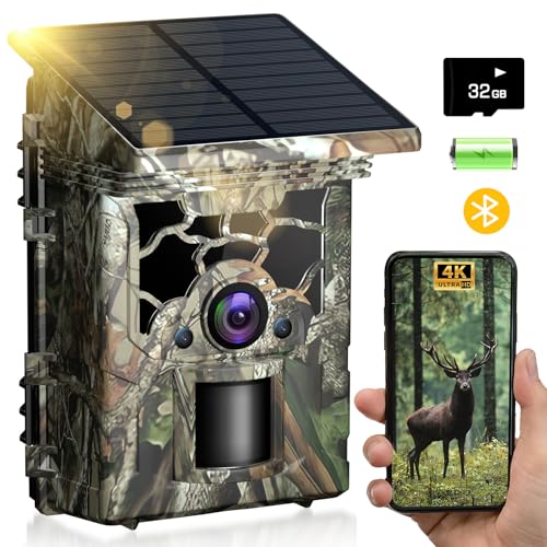 Trail Camera Solar Powered 4K 46MP, WiFi Bluetooth Game Camera with 32GB Memory Card, 130° Wide Angle, Motion Activated 0.3s Trigger, IP66 Waterproof No Glow Night Vision for Wildlife Monitoring