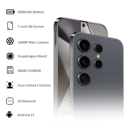 XUANMEIKE Unlocked Phone S24 Ultra Android Phone 8-core 8GB+256GB Cell Phone 7 inch HD Screen Mobile Phone 108MP+48MP Camera 6800 mAh Battery 5G Dual SIM (Titanium Black) - Image 2