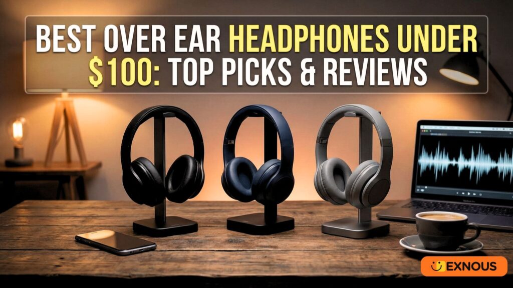 Feature image displaying three over-ear headphones on stands on a wooden desk with a laptop and coffee. Text overlay: Best Over Ear Headphones under $100: Top Picks & Reviews.