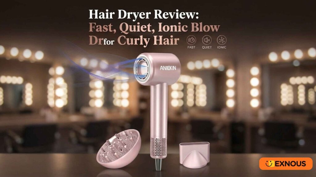 Hair Dryer Review of the ANIEKIN pink ionic blow dryer with diffuser and concentrator attachments, shown on a dark surface in a salon setting with warm bokeh lights and the title "Hair Dryer Review: Fast, Quiet, Ionic Blow Dryer for Curly Hair".