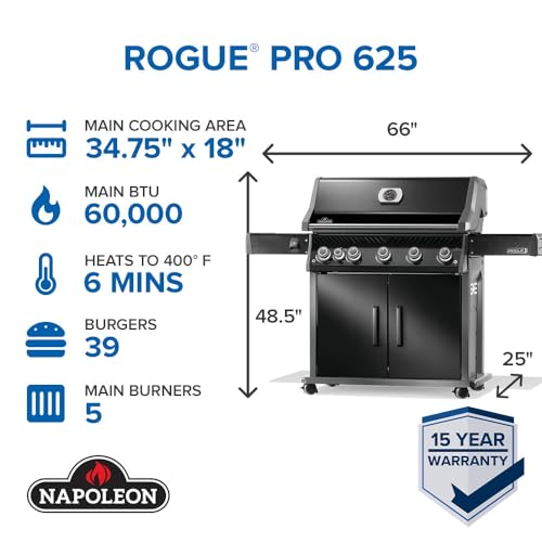 Napoleon Rogue PRO 625 Propane Gas Grill with Infrared Side Burner, Black, Durable 6-Burner Backyard Grill - Image 2